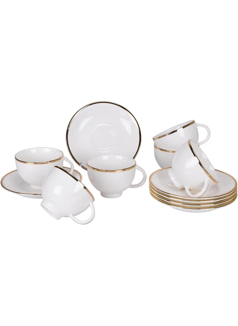 Deco Pride Elegant Design 6 Cup 6 Saucer Set White Cups and Saucer with Golden Band Design Pack of 12