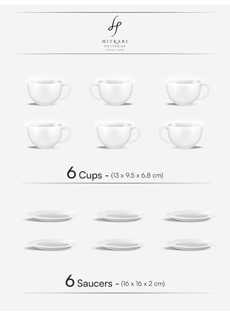 Hitkari Potteries Verona Cups Saucer Set for 6 for Morning Evening Tea Material Porcelain Tea Set Elegant Design White Set of 6