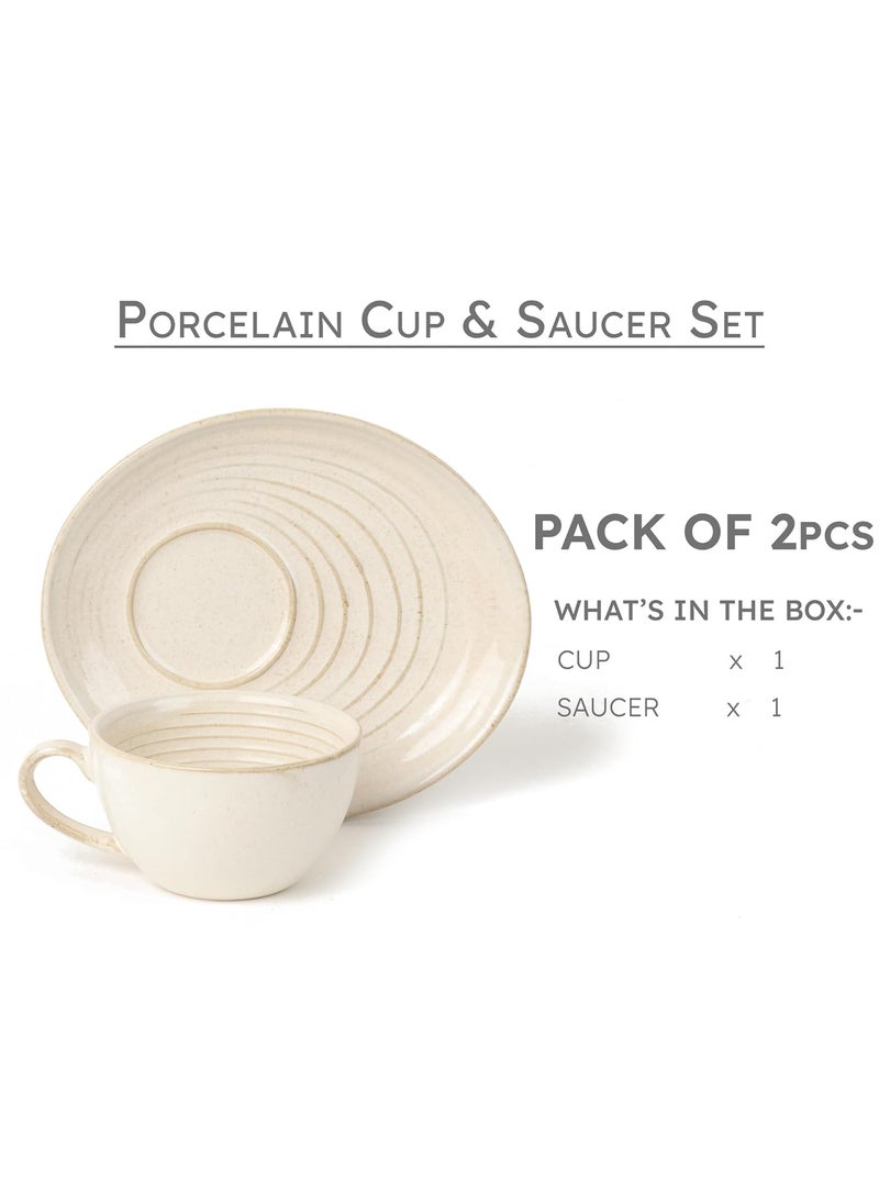 Bodhi House Porcelain Cup and Saucer Set for Tea Coffee Espresso Cappuccino Latte Cafe Mocha Suitable for Home Office and Restaurant Microwave Safe Chip Resistance Spanish White 250 Ml