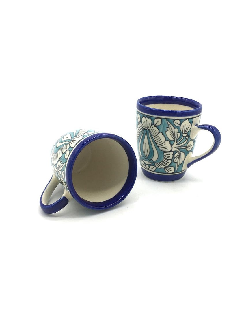 Master Piece Crafts Turquoise Mughal Floral HandPainted Microwave Safe Designer Tea Coffee Mugs in CeramicCeramic Milk Coffee Mugs Set of 2 Beverage Chai Cups Set Dinkware Tableware