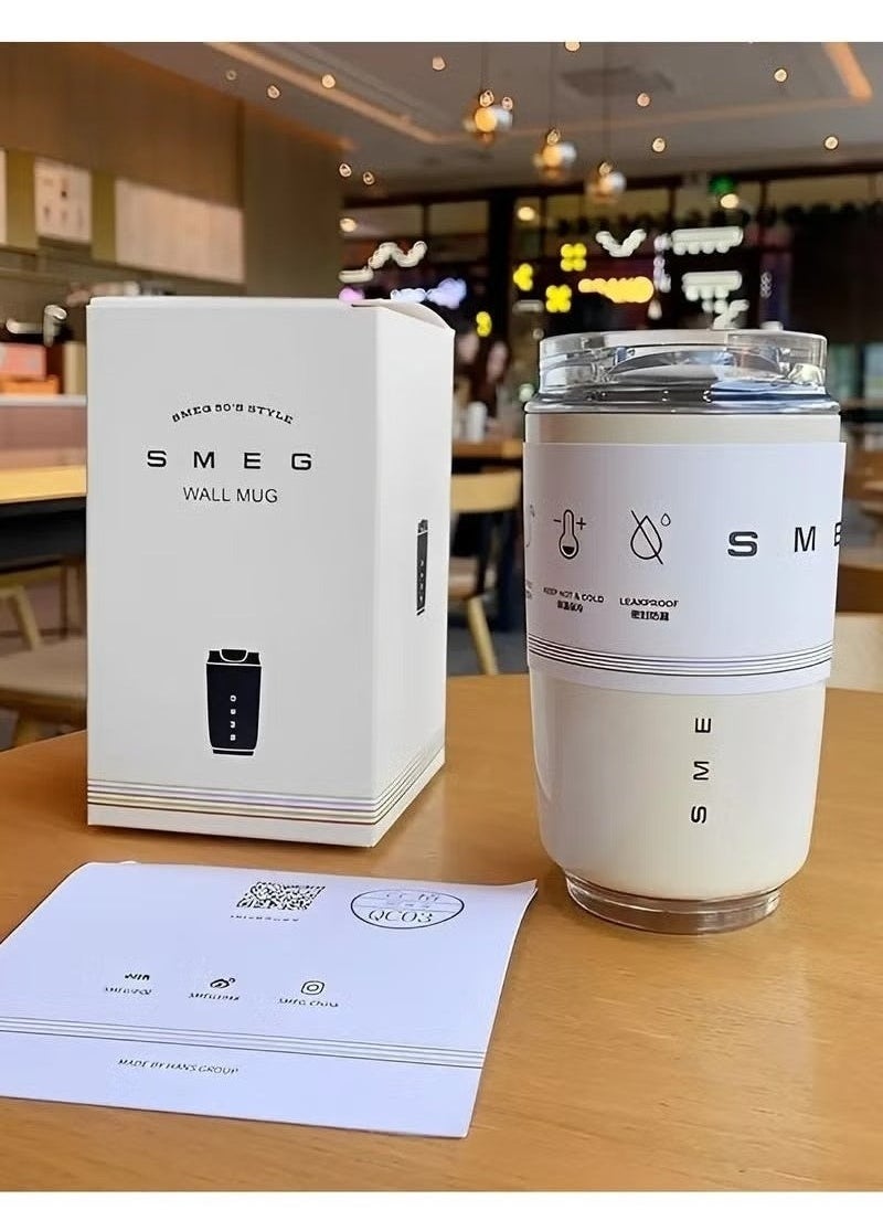 SMEG Travel Coffee Mug, 320ml Insulated Drinking Mug with Leak-Proof Lid, Durable Coffee Insulated Mug, White Travel Coffee Insulated Mug