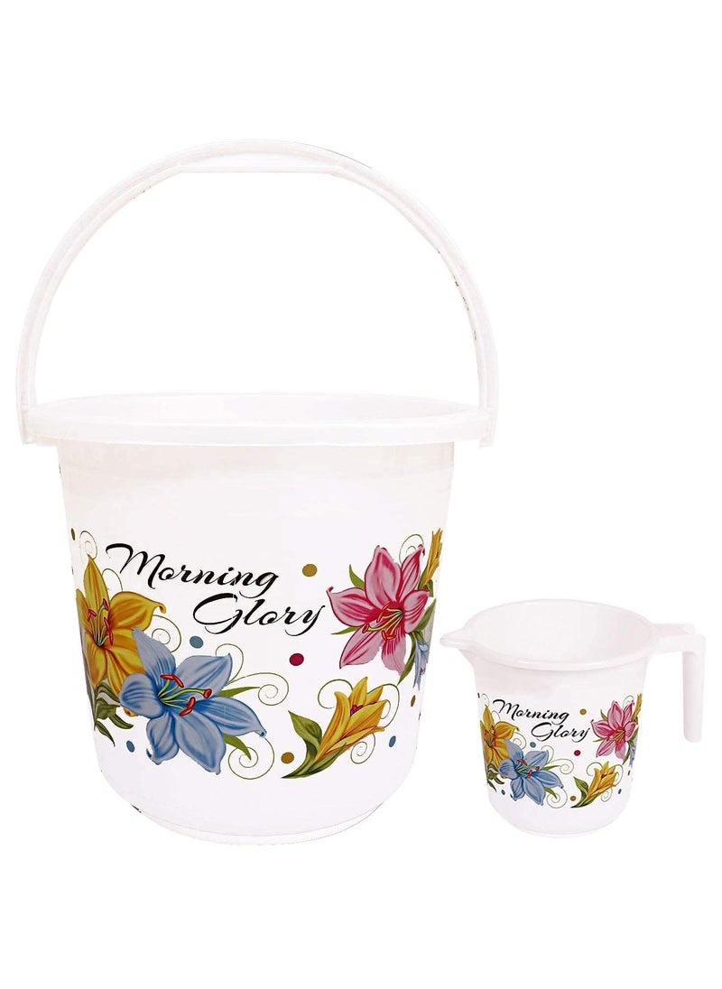 Urbane Home Printed 2 Pieces Plastic Bathroom Bucket Mug Set White