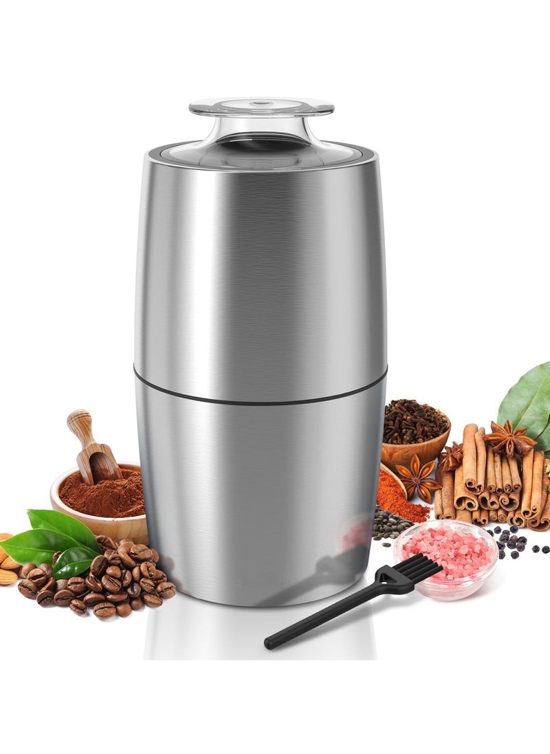 Portable Large Capacity Stainless Steel Metal Electric Coffee Grinder, Coffee Bean Grinder, Spices Grinder with Stainless Steel Blades, Low Noise for Coffee Beans, Spices, Herbs, Nuts, Grains, Seed