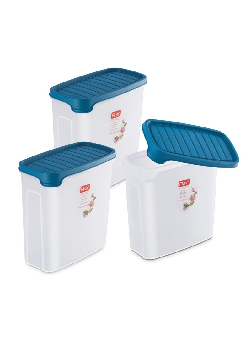 FLAIR Plastic Smart Rectangle Dry Storage Container 2000ml - Blue (Set of 3), Modular Kitchen, for Flour, Cereals, Snacks, Stackable, BPA Free