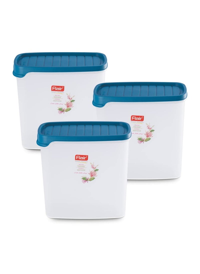 FLAIR Plastic Smart Rectangle Dry Storage Container 2000ml - Blue (Set of 3), Modular Kitchen, for Flour, Cereals, Snacks, Stackable, BPA Free