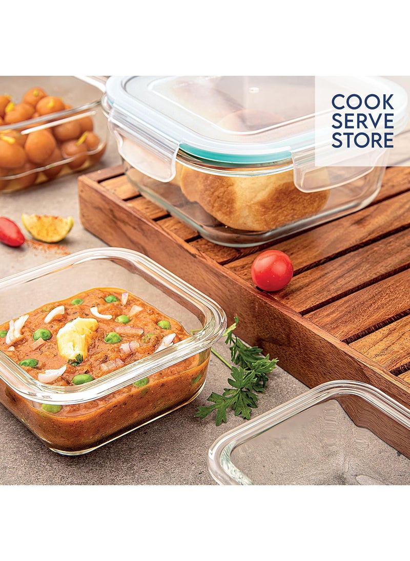 La Opala Cook Serve Store 100% Borosilicate Glass Storage Container | Clip N Store with Air-Tight Snap Lid | Square 520 ml | Microwave & Oven Proof | Dishwasher & Freezer Proof | Transparent
