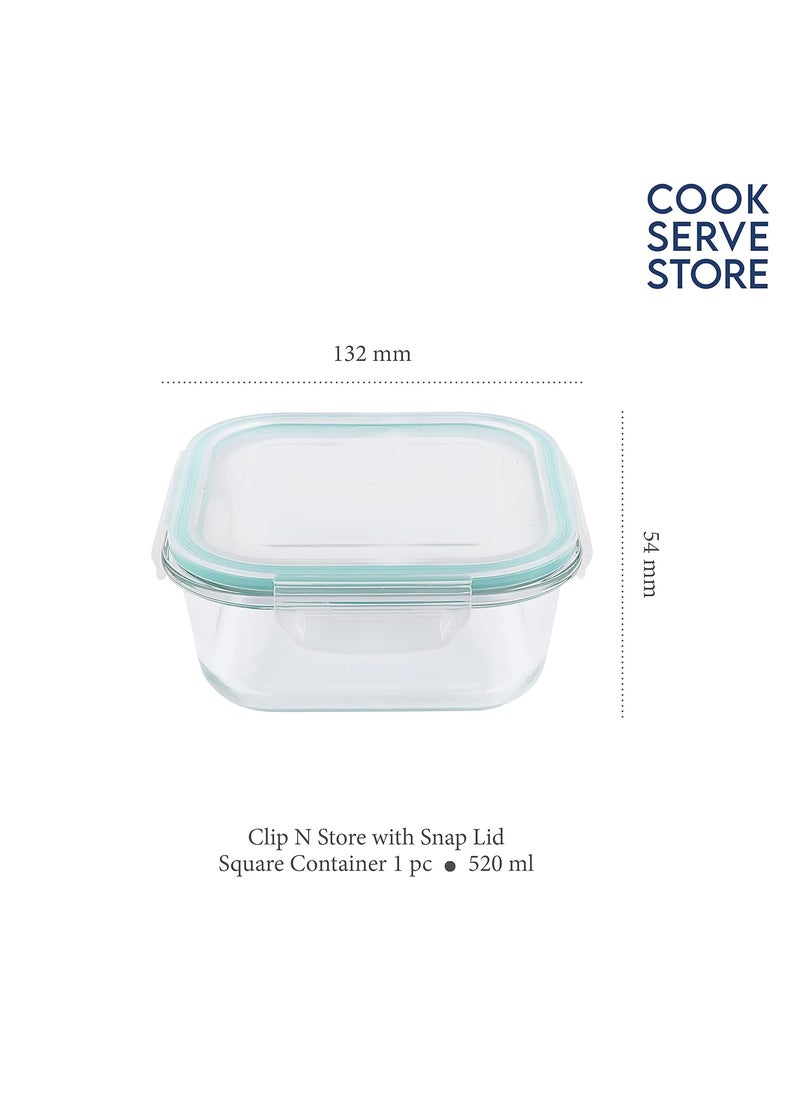 La Opala Cook Serve Store 100% Borosilicate Glass Storage Container | Clip N Store with Air-Tight Snap Lid | Square 520 ml | Microwave & Oven Proof | Dishwasher & Freezer Proof | Transparent