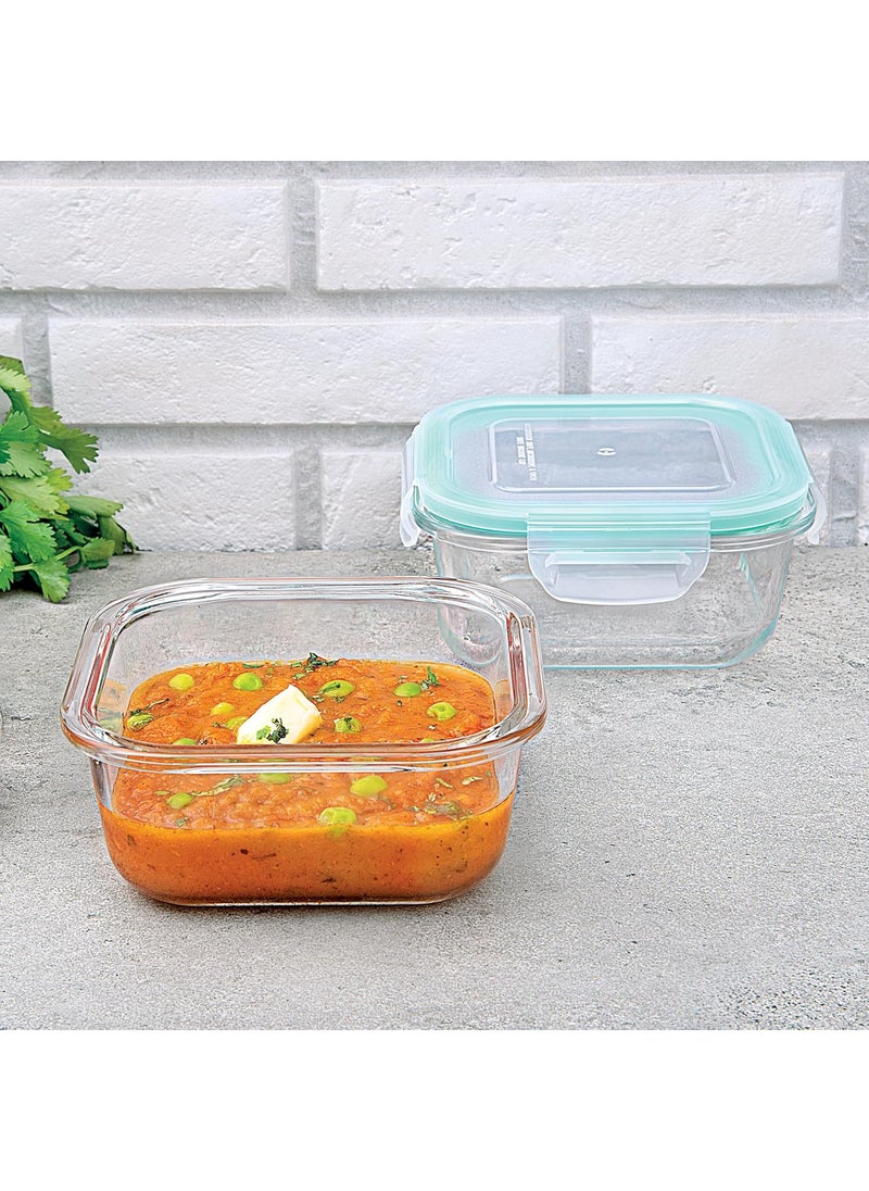 La Opala Cook Serve Store 100% Borosilicate Glass Storage Container | Clip N Store with Air-Tight Snap Lid | Square 520 ml | Microwave & Oven Proof | Dishwasher & Freezer Proof | Transparent