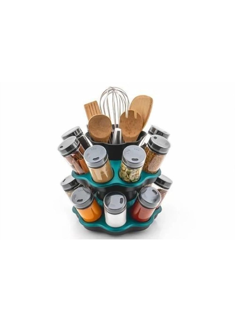 ELCHOZ Revolving 16 in 1 Spice Rack 360 Airtight Masala Organizer Unbreakable 200ml BPAFree Glass SpaceSaving Kitchen Condiment Solution Green