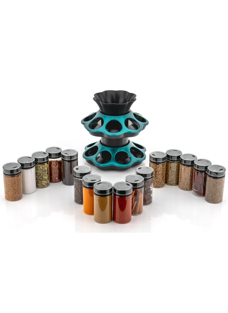 ELCHOZ Revolving 16 in 1 Spice Rack 360 Airtight Masala Organizer Unbreakable 200ml BPAFree Glass SpaceSaving Kitchen Condiment Solution Green