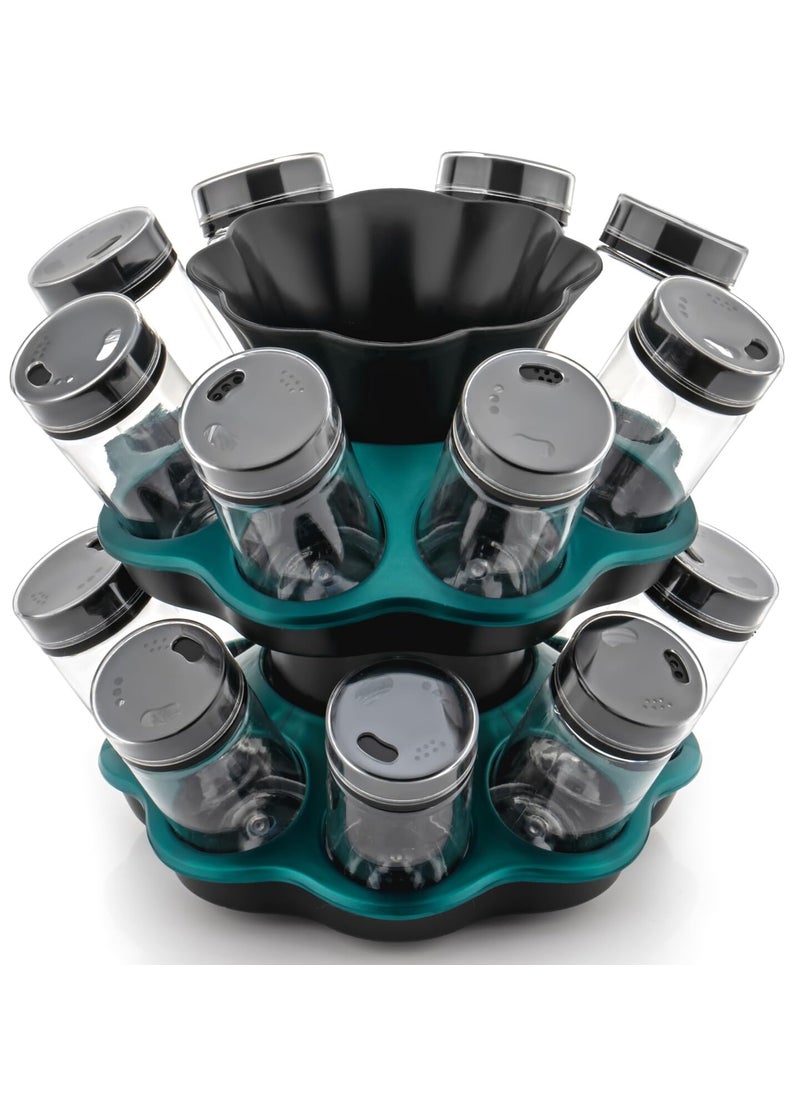 ELCHOZ Revolving 16 in 1 Spice Rack 360 Airtight Masala Organizer Unbreakable 200ml BPAFree Glass SpaceSaving Kitchen Condiment Solution Green