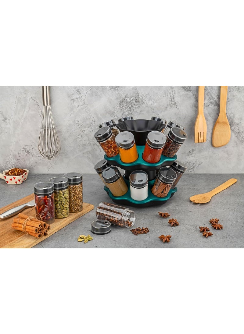 ELCHOZ Revolving 16 in 1 Spice Rack 360 Airtight Masala Organizer Unbreakable 200ml BPAFree Glass SpaceSaving Kitchen Condiment Solution Green