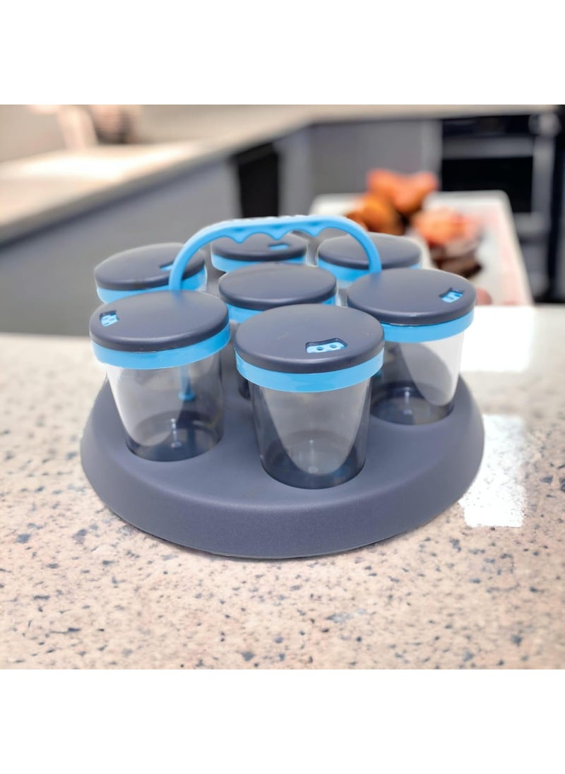 SIMRON MAKING LIFE SMART SIIMRON 360 Degree Revolving Spice Box Plastic Revolving Spice Salt Herb Rack Stand Masala Box Set 7Pieces Blue