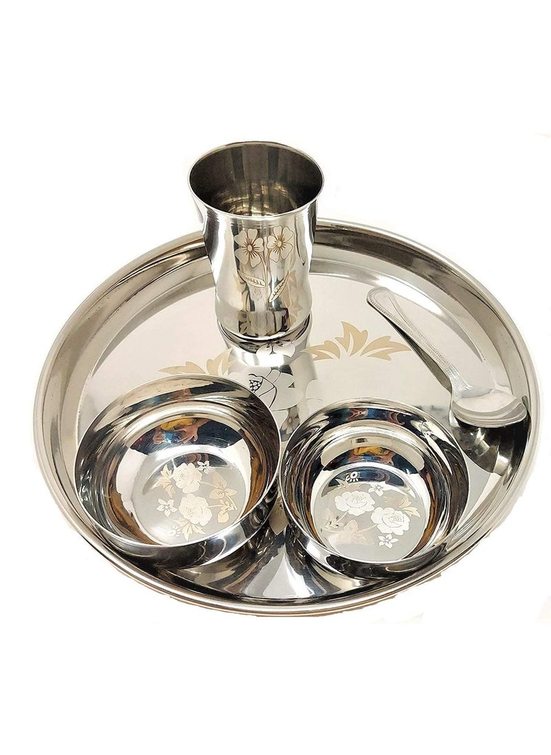 BHATI India Heavy Grade Stainless Steel Designer 1 Thali 2 Bowl 1 Glass 1 Spoon Dinner 5 Pieces Set