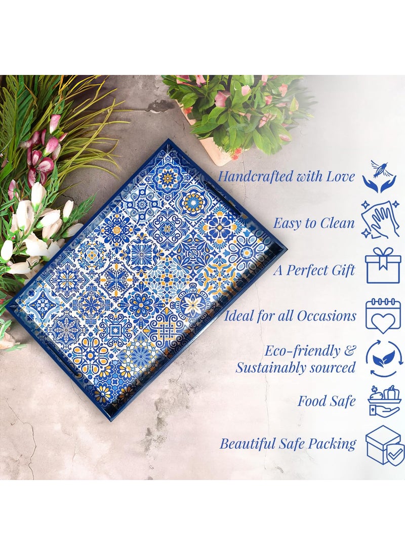CRAFTSLANE Handmade Wooden Serving Tray Fancy Serving Tray for Snacks Tea Kitchen Coffee Table Dining Decorative Serving Tray with Handle Rectangular Wooden Tray Portuguese Blue 15x10 inch
