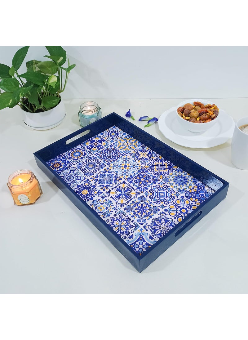 CRAFTSLANE Handmade Wooden Serving Tray Fancy Serving Tray for Snacks Tea Kitchen Coffee Table Dining Decorative Serving Tray with Handle Rectangular Wooden Tray Portuguese Blue 15x10 inch