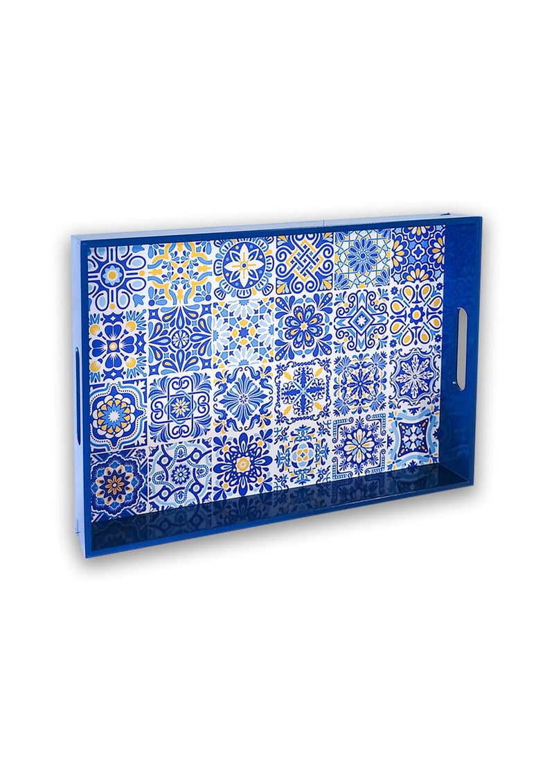 CRAFTSLANE Handmade Wooden Serving Tray Fancy Serving Tray for Snacks Tea Kitchen Coffee Table Dining Decorative Serving Tray with Handle Rectangular Wooden Tray Portuguese Blue 15x10 inch