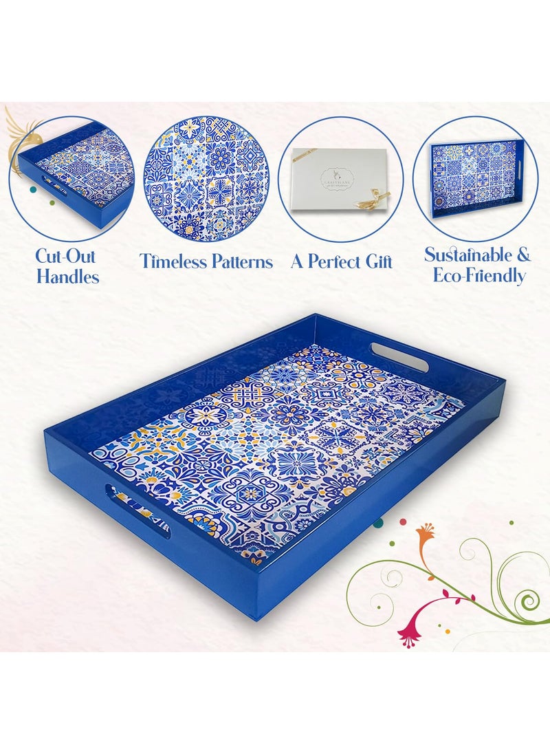 CRAFTSLANE Handmade Wooden Serving Tray Fancy Serving Tray for Snacks Tea Kitchen Coffee Table Dining Decorative Serving Tray with Handle Rectangular Wooden Tray Portuguese Blue 15x10 inch