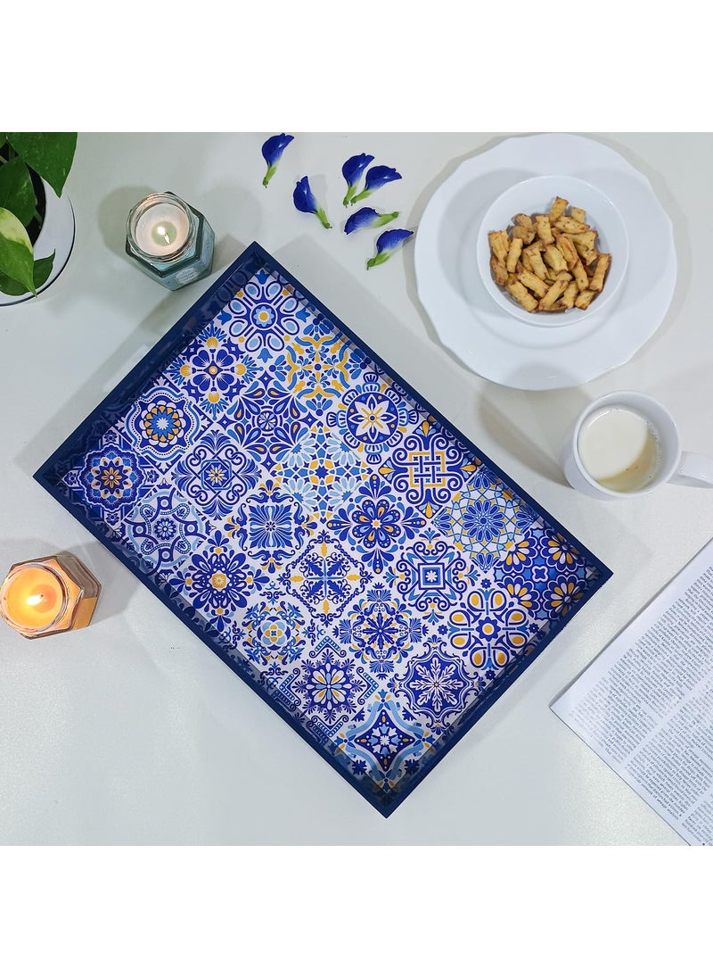 CRAFTSLANE Handmade Wooden Serving Tray Fancy Serving Tray for Snacks Tea Kitchen Coffee Table Dining Decorative Serving Tray with Handle Rectangular Wooden Tray Portuguese Blue 15x10 inch