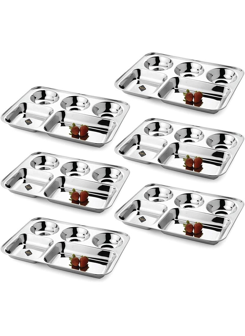 LiMETRO STEEL Stainless Steel Pack of 6 Rectangular BhojanLunchDinner Set Sectioned Plate