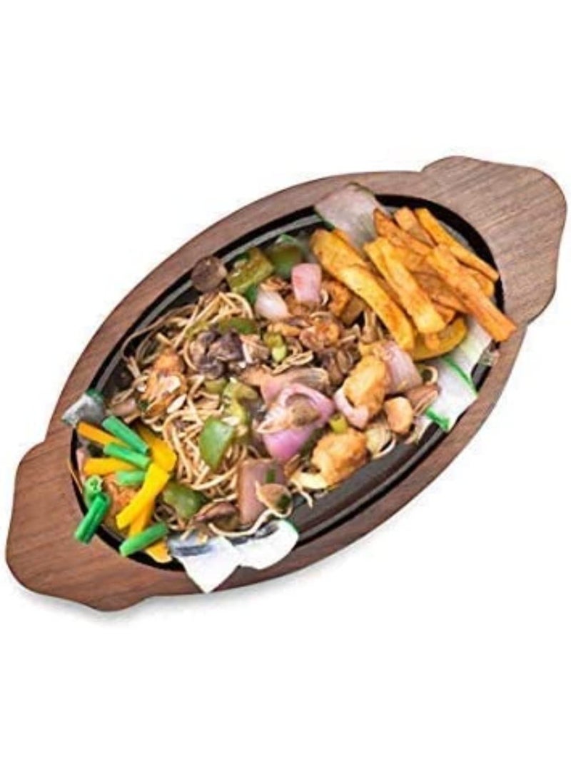 Anaya Afroz sizzler Plate with Wooden Oval Base with Dish 13X7 inches Brown