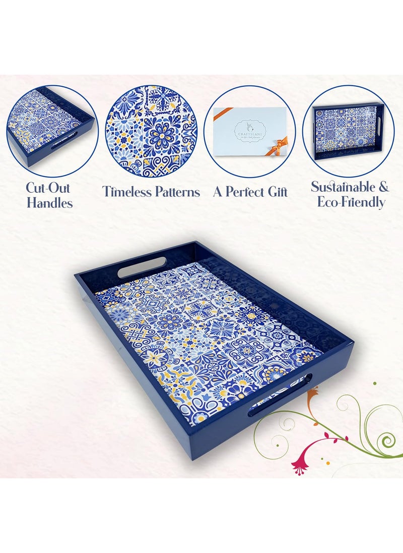 CRAFTSLANE Handcrafted Small Printed Wooden Serving Tray Fancy Serving Tray for Snacks Tea Kitchen Coffee Table Dining Decorative Serving Tray with Handle Wooden Tray Portuguese Blue 12x8in