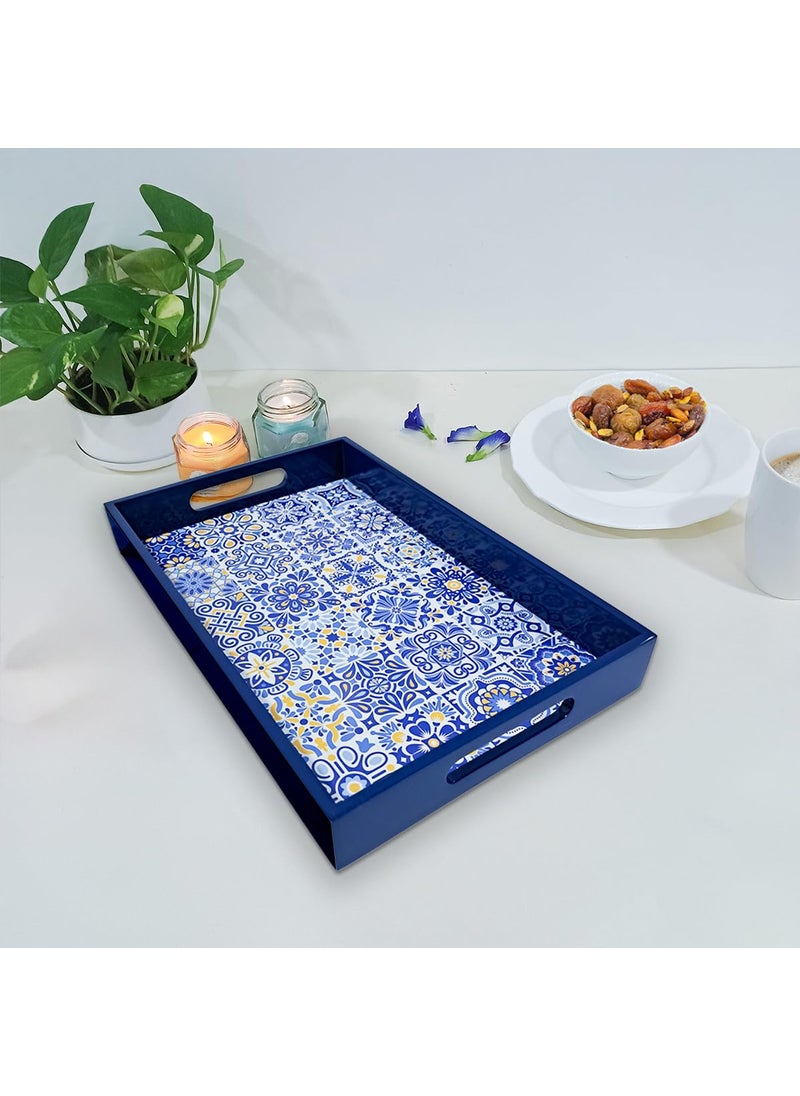 CRAFTSLANE Handcrafted Small Printed Wooden Serving Tray Fancy Serving Tray for Snacks Tea Kitchen Coffee Table Dining Decorative Serving Tray with Handle Wooden Tray Portuguese Blue 12x8in