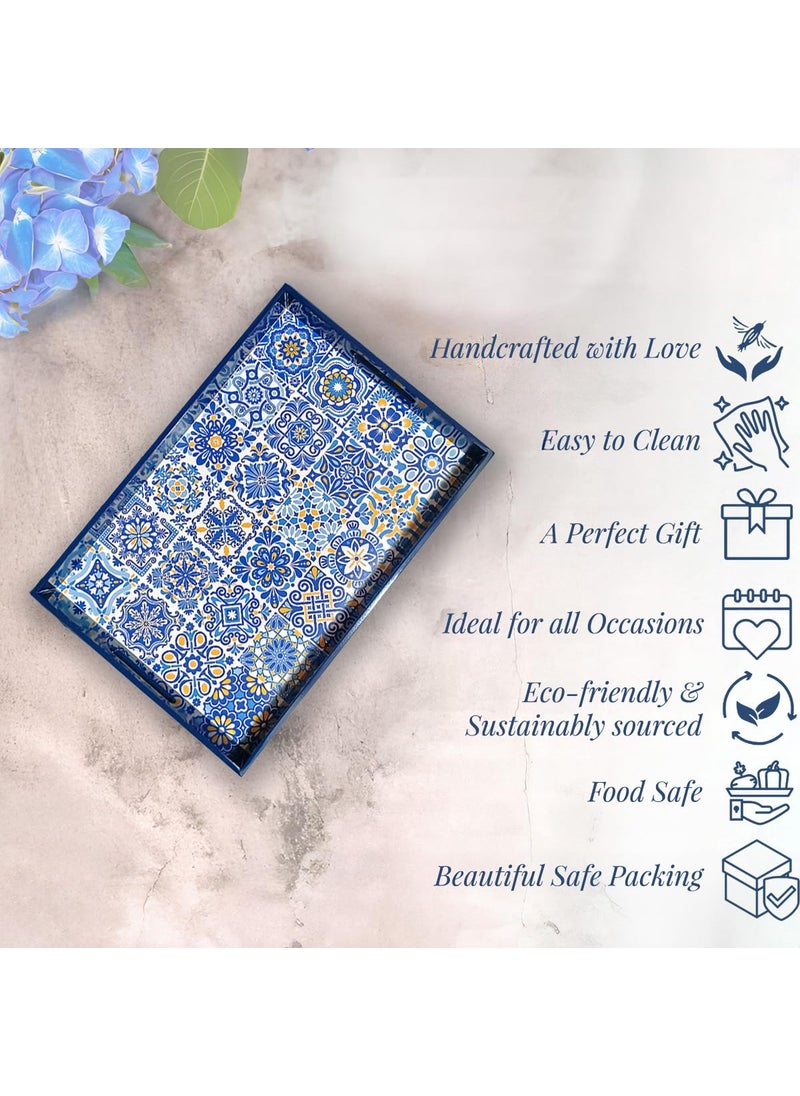 CRAFTSLANE Handcrafted Small Printed Wooden Serving Tray Fancy Serving Tray for Snacks Tea Kitchen Coffee Table Dining Decorative Serving Tray with Handle Wooden Tray Portuguese Blue 12x8in