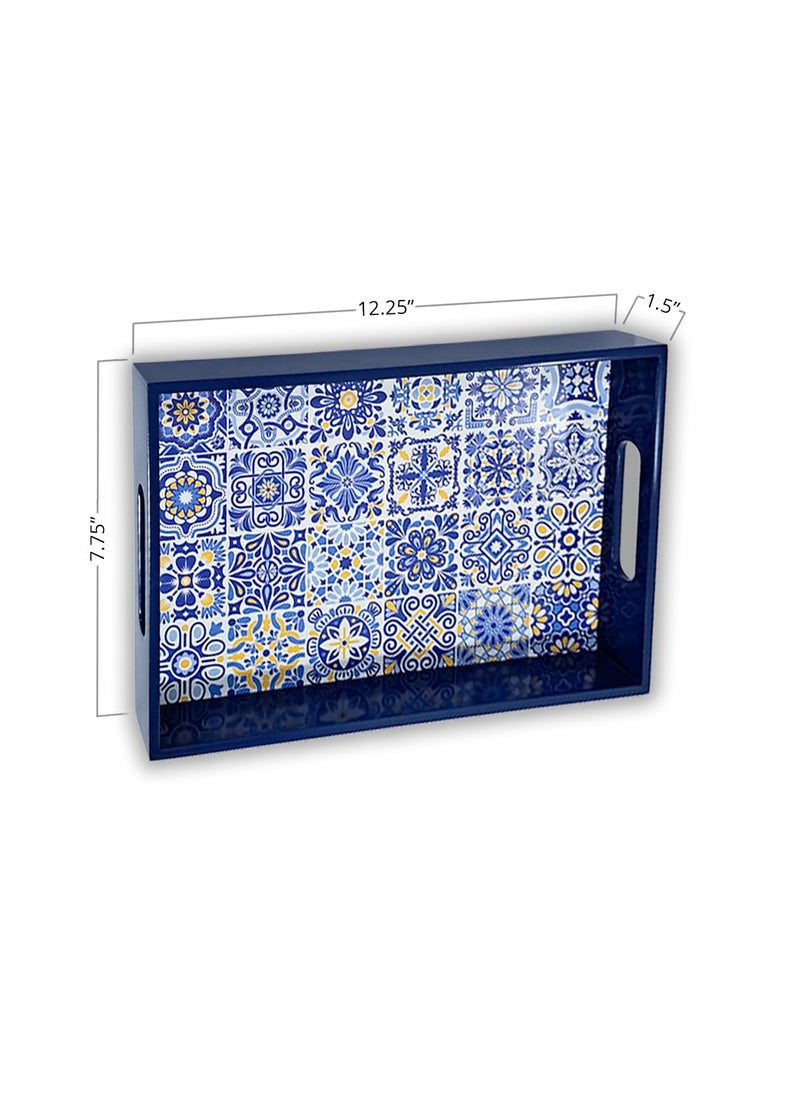 CRAFTSLANE Handcrafted Small Printed Wooden Serving Tray Fancy Serving Tray for Snacks Tea Kitchen Coffee Table Dining Decorative Serving Tray with Handle Wooden Tray Portuguese Blue 12x8in