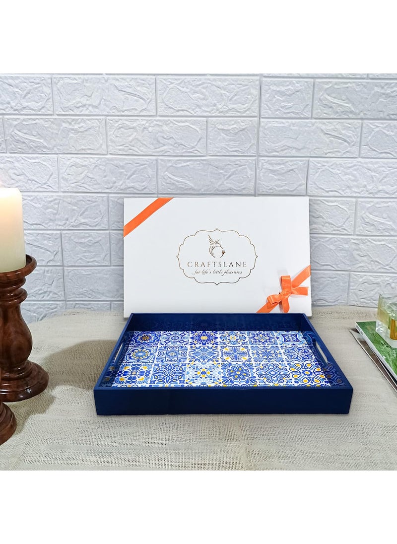 CRAFTSLANE Handcrafted Small Printed Wooden Serving Tray Fancy Serving Tray for Snacks Tea Kitchen Coffee Table Dining Decorative Serving Tray with Handle Wooden Tray Portuguese Blue 12x8in