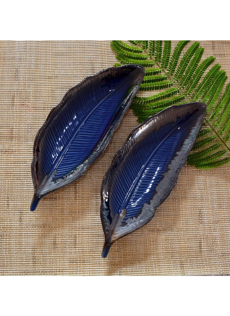 RenHomz Premium Ceramic Snacks PlatterSet of 2 Designer Handmade Blue Art Feather Leaf Party Snacks Platter Serving PlateSize 12 inch Each Microwave Safe Oven Safe Freezer Safe