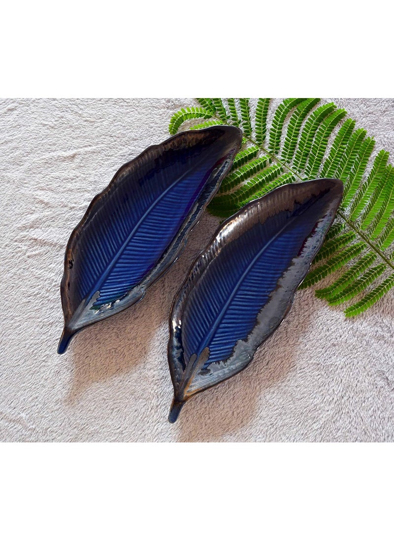 RenHomz Premium Ceramic Snacks PlatterSet of 2 Designer Handmade Blue Art Feather Leaf Party Snacks Platter Serving PlateSize 12 inch Each Microwave Safe Oven Safe Freezer Safe