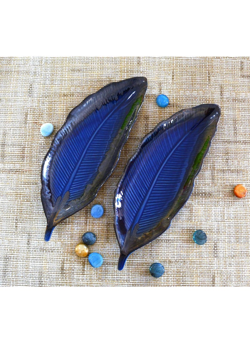 RenHomz Premium Ceramic Snacks PlatterSet of 2 Designer Handmade Blue Art Feather Leaf Party Snacks Platter Serving PlateSize 12 inch Each Microwave Safe Oven Safe Freezer Safe