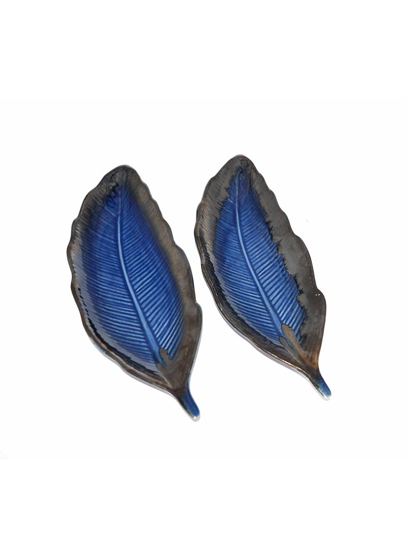 RenHomz Premium Ceramic Snacks PlatterSet of 2 Designer Handmade Blue Art Feather Leaf Party Snacks Platter Serving PlateSize 12 inch Each Microwave Safe Oven Safe Freezer Safe