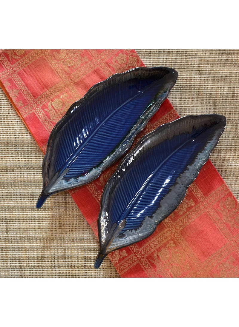RenHomz Premium Ceramic Snacks PlatterSet of 2 Designer Handmade Blue Art Feather Leaf Party Snacks Platter Serving PlateSize 12 inch Each Microwave Safe Oven Safe Freezer Safe