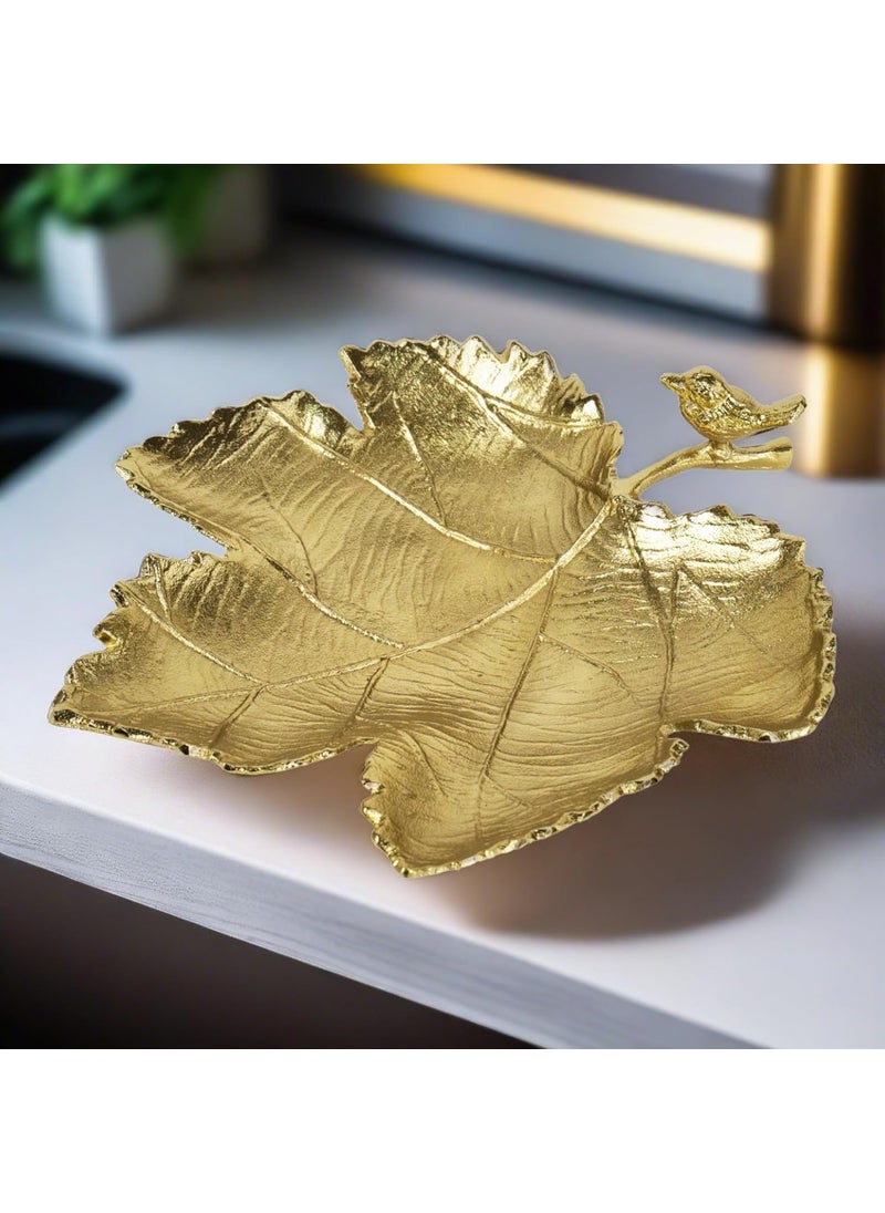 KRAFTYHOME Leaf Shape Serving Platter with Bird Golden Golden Serving Platter Table Centrepiece Aluminum 135 inch
