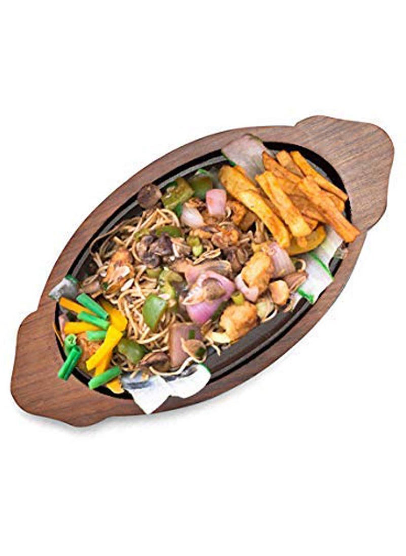 HAINE Platter Serving Dish Sizzler Plate with Wooden Base Brown 3 Piece