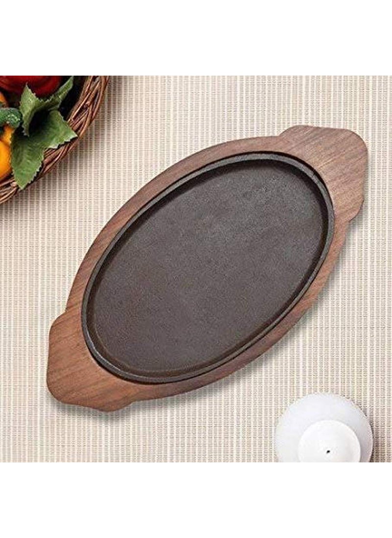 HAINE Platter Serving Dish Sizzler Plate with Wooden Base Brown 3 Piece