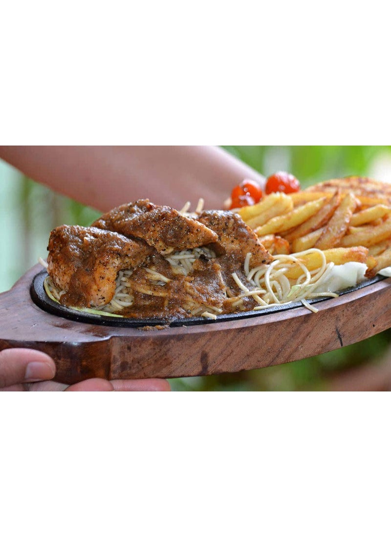 HAINE Platter Serving Dish Sizzler Plate with Wooden Base Brown 3 Piece