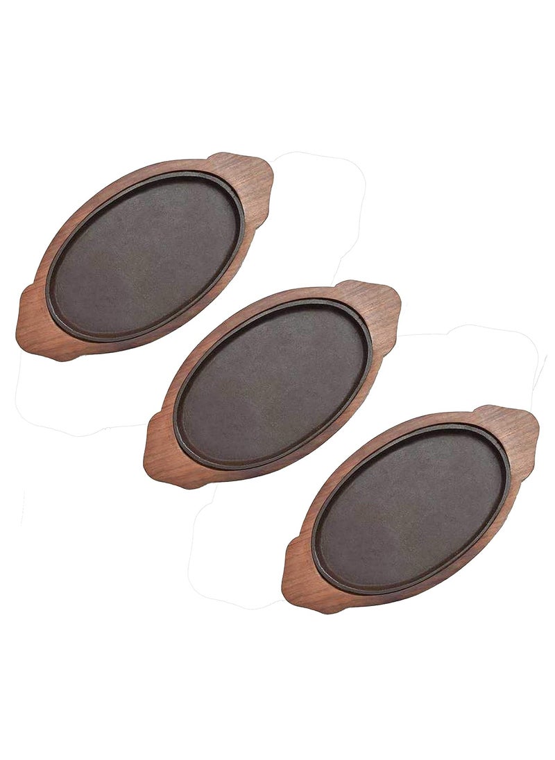 HAINE Platter Serving Dish Sizzler Plate with Wooden Base Brown 3 Piece