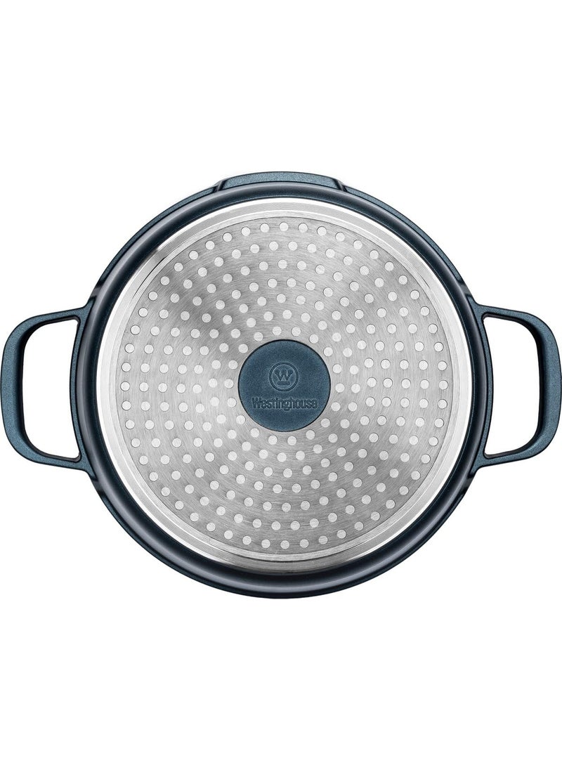 Westinghouse 28 cm Blue Aluminium Casserole Dish with Lid 15 L NonStick Oven Induction Safe Silicone Handles
