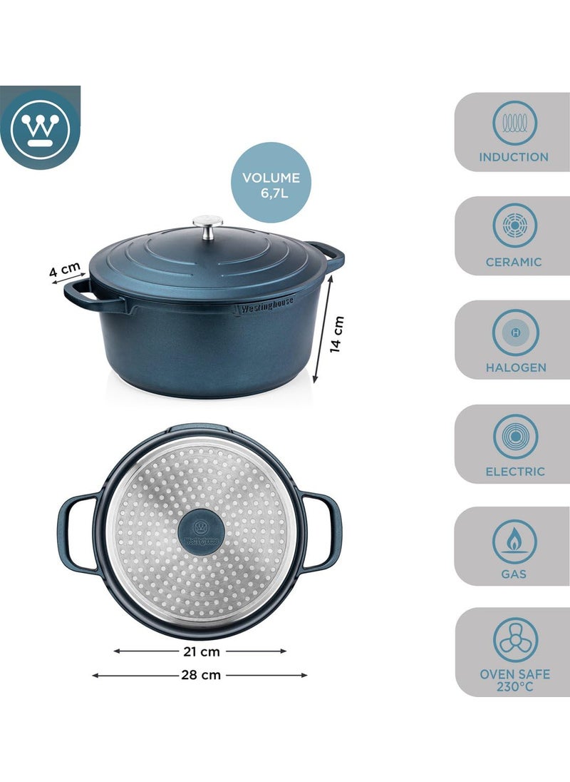 Westinghouse 28 cm Blue Aluminium Casserole Dish with Lid 15 L NonStick Oven Induction Safe Silicone Handles