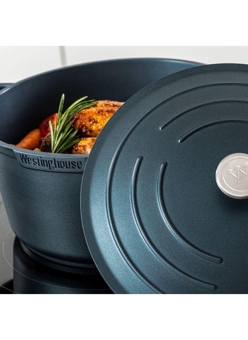 Westinghouse 28 cm Blue Aluminium Casserole Dish with Lid 15 L NonStick Oven Induction Safe Silicone Handles