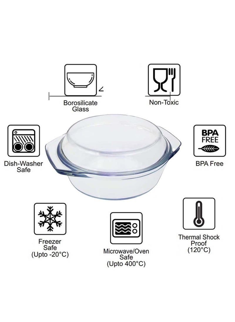 PUREFIT Borosilicate Glass Round Storage Multipurpose Casserole Microwave Oven freezer Safe Bake Serve 2000ml Pack of 4