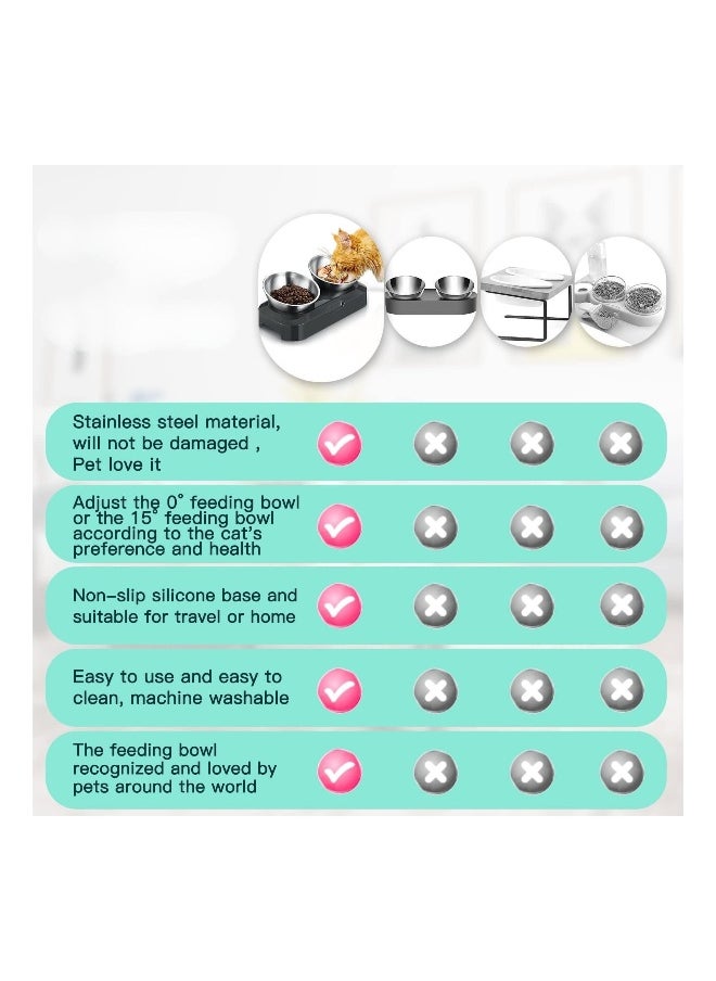 Elevated Cat Food and Water Bowl with Stainless Steel Base and Anti-Slip Mat 15° and 0° Adjustable Angle for Comfortable Feeding