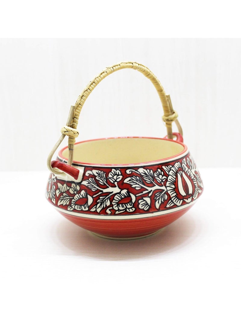 Your Style Mughal Printed Ceramic Serving Handi Serving Bowl Red Bamboo Handle