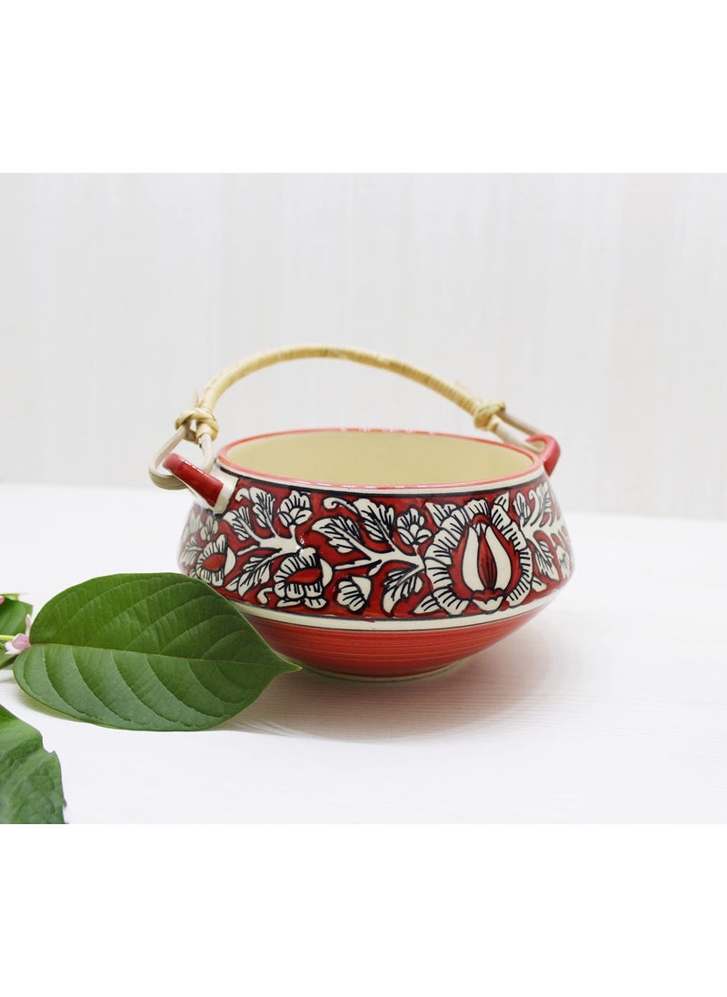 Your Style Mughal Printed Ceramic Serving Handi Serving Bowl Red Bamboo Handle