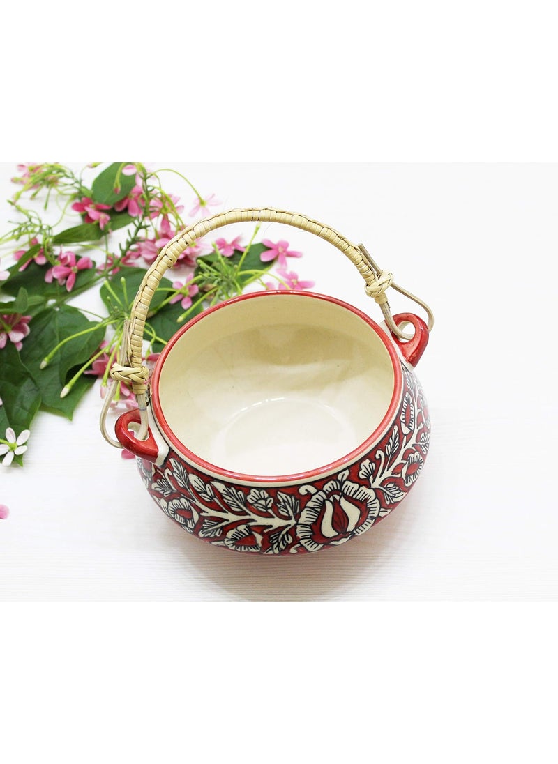 Your Style Mughal Printed Ceramic Serving Handi Serving Bowl Red Bamboo Handle