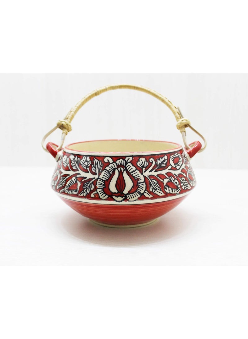 Your Style Mughal Printed Ceramic Serving Handi Serving Bowl Red Bamboo Handle