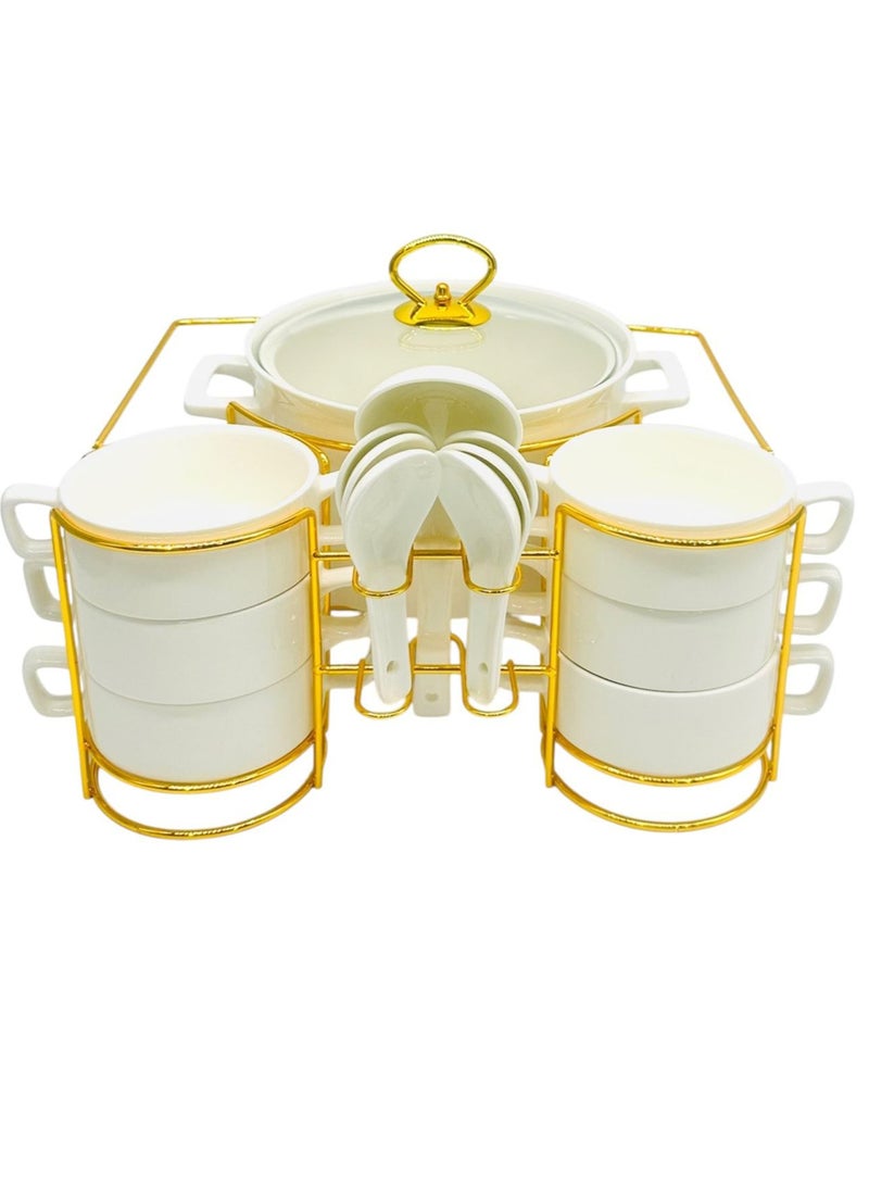 Luxury Soup Serving Set with Spoons  Metal Stand